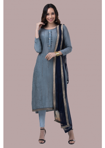 Grey Upara Silk Pintex Semi Stitched Suit