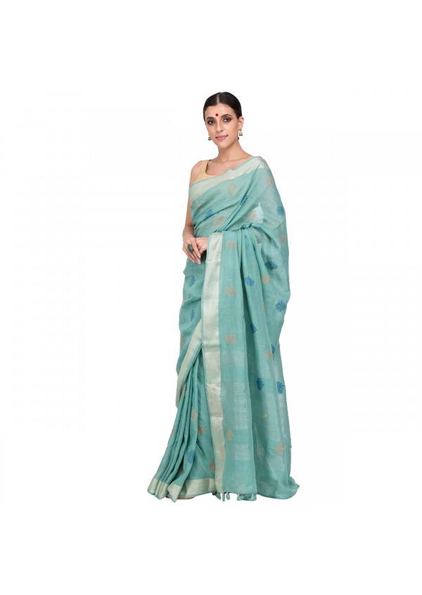 Sky Blue Cotton Embroidered Saree