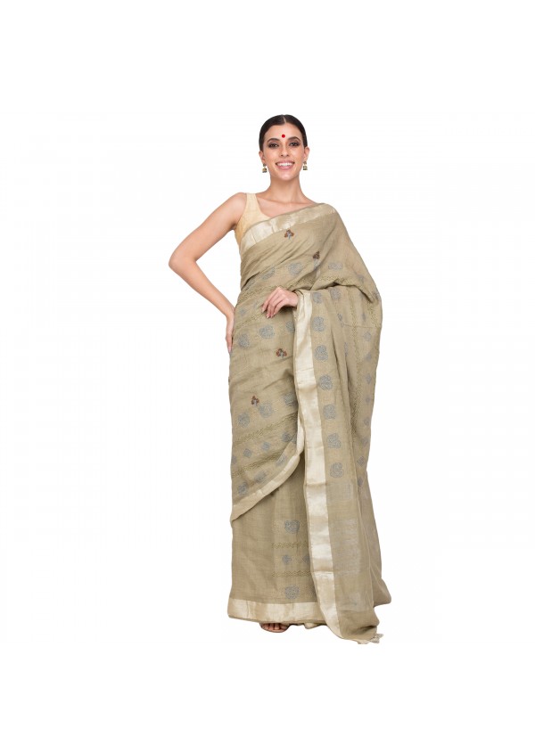 Light Green Cotton Embroidered Saree 