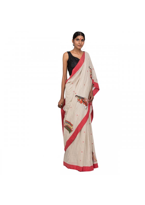Off White Check Cotton Embroidered saree