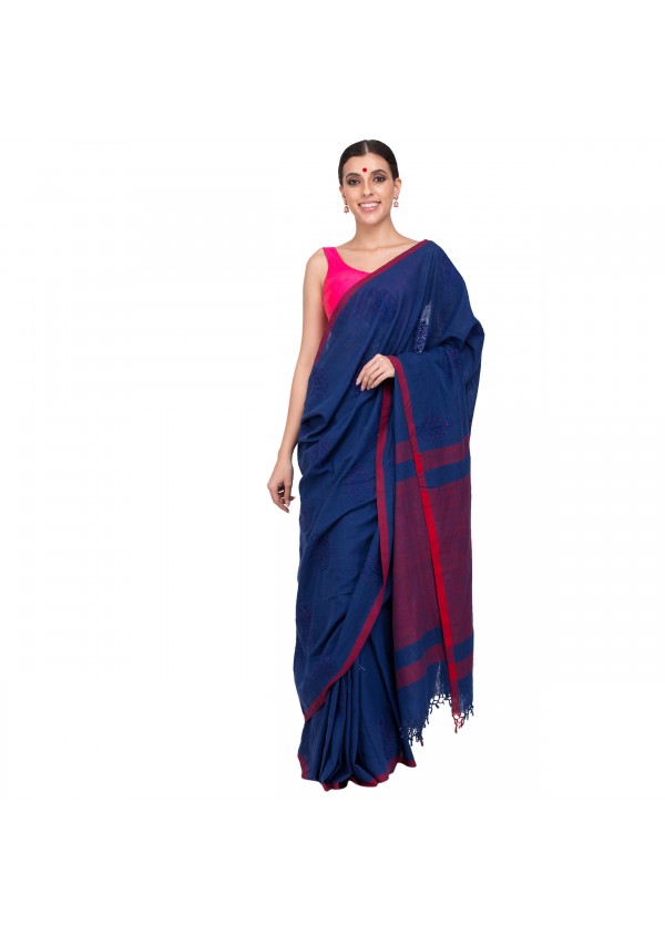Dark Blue Cotton Embroidered Saree