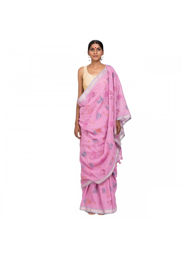 Pink Linen  embroidered Saree