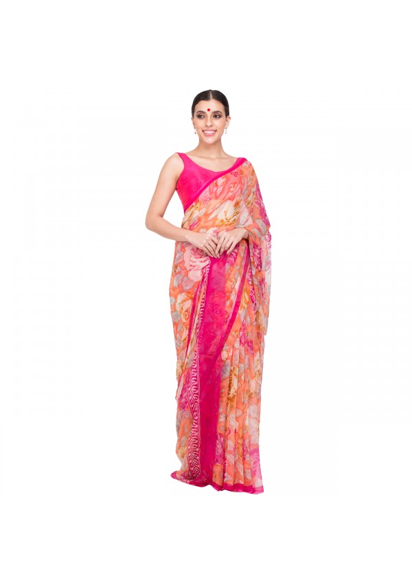 Pink Chiffon Floral Print Saree