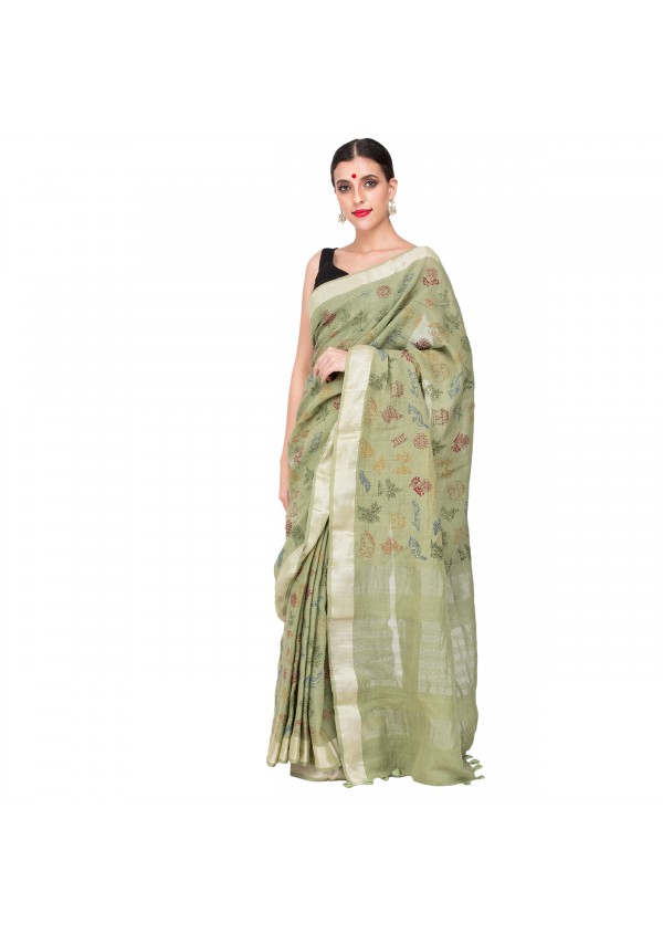 Green Cotton Embroidered saree 