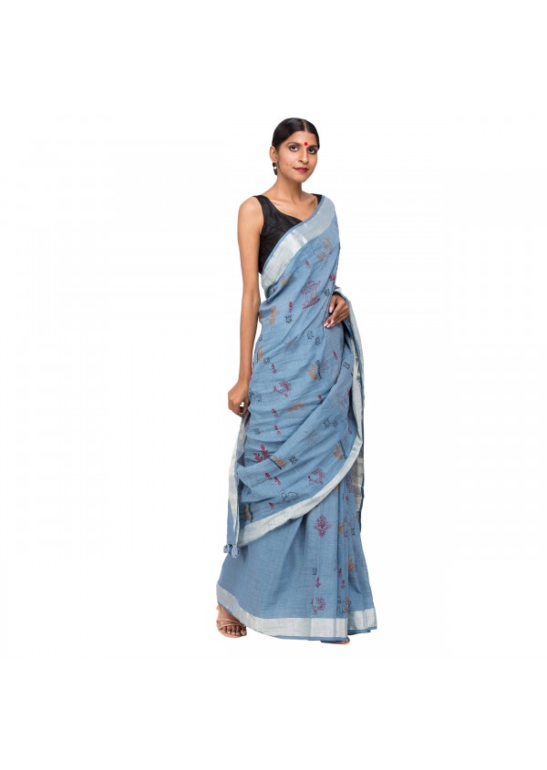 Gray Cotton Embroidered Saree