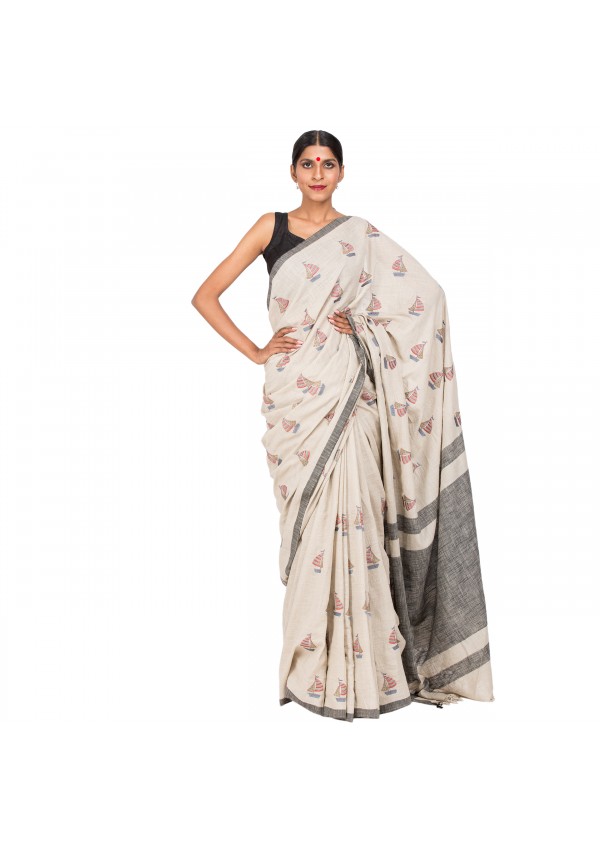 Off White Cotton Embroidered saree