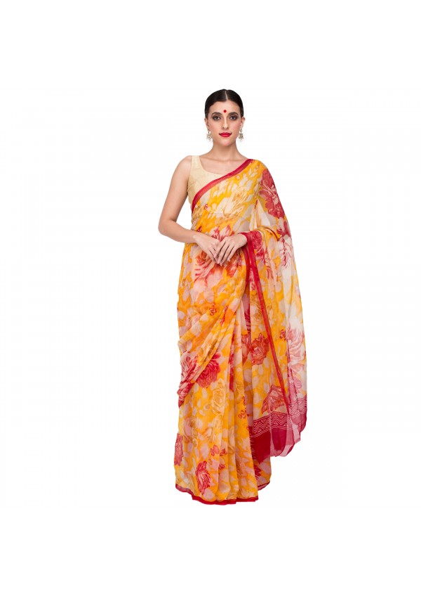 Yellow Red Chiffon Saree