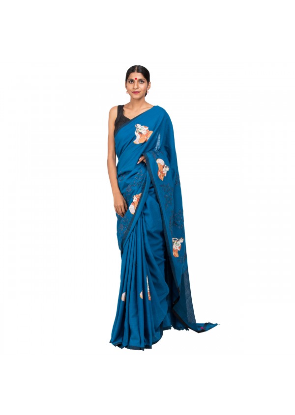 Blue Cotton Embroidered Saree 