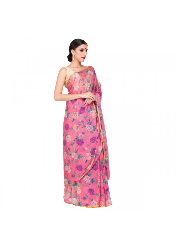Pink Chiffon Floral Print Saree