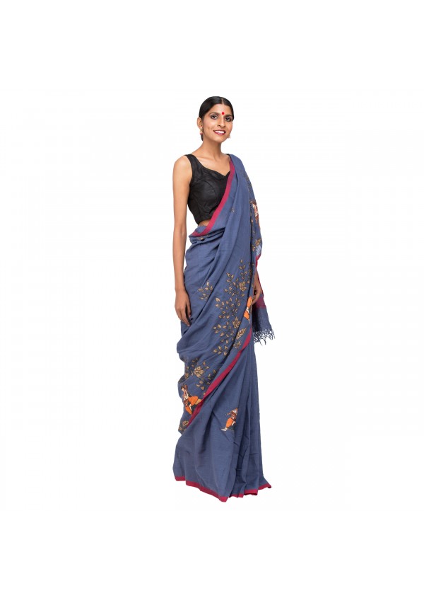 Blue Cotton Embroidered Saree  
