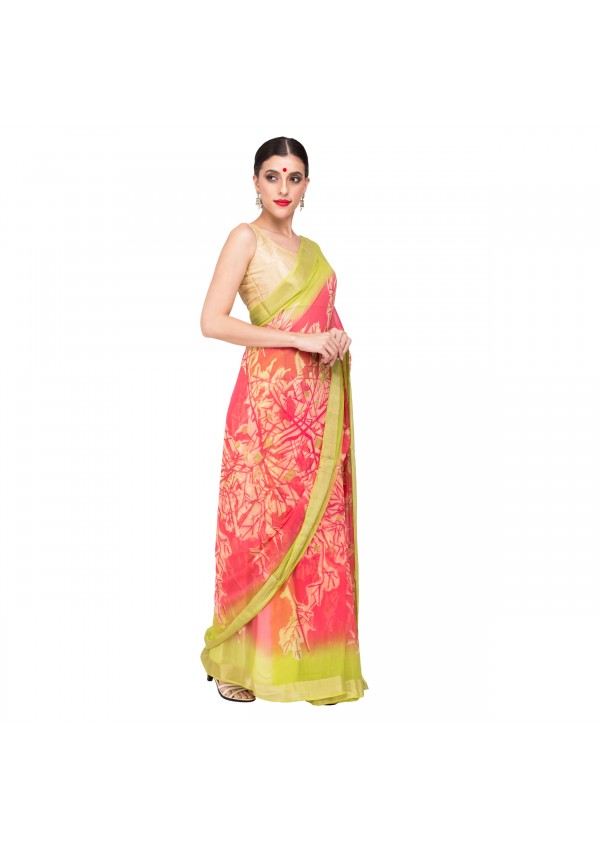 Green pink Chiffon saree