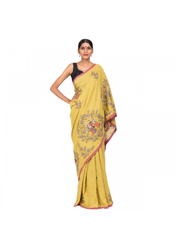 Light Green Cotton Embroidered Saree 