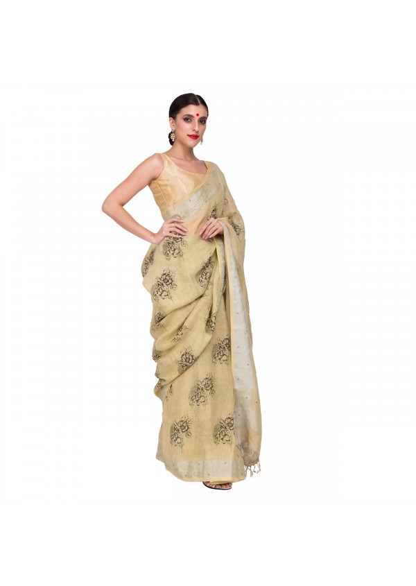 Cream Linen Embroidered saree