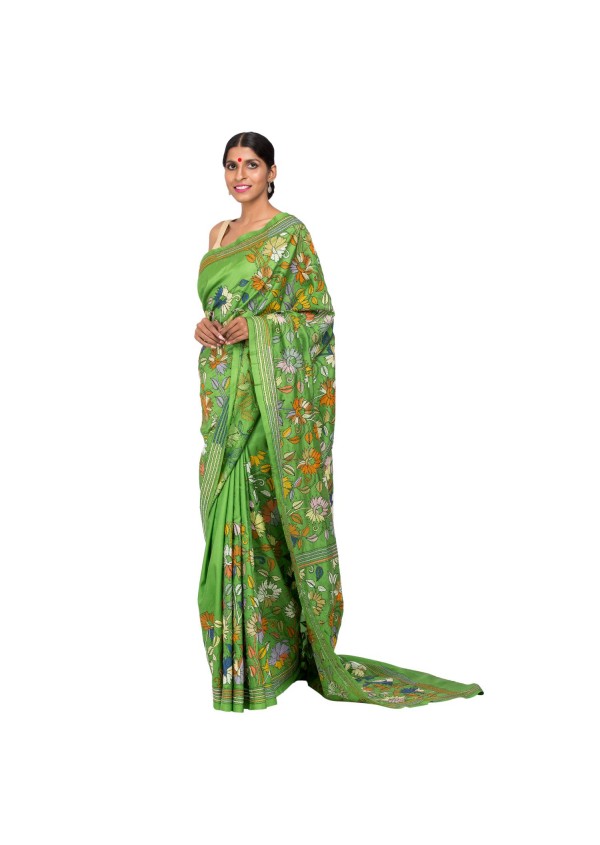 Green Bangalore Silk Kantha Work Saree