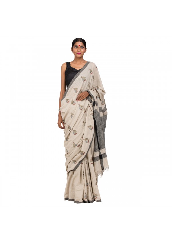 Off White Cotton Embroidered saree