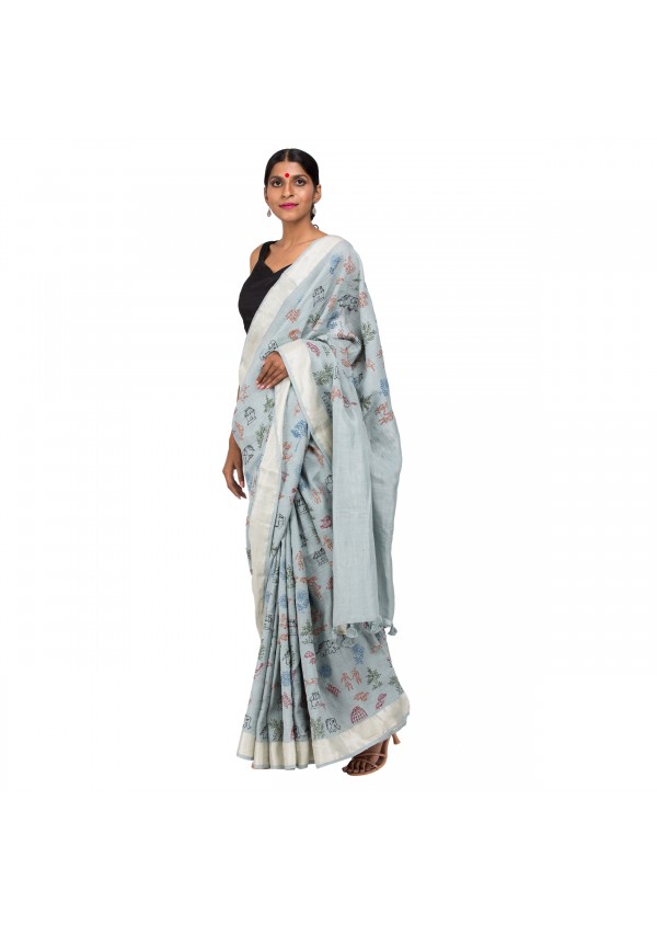 Gray Cotton Embroidered Saree