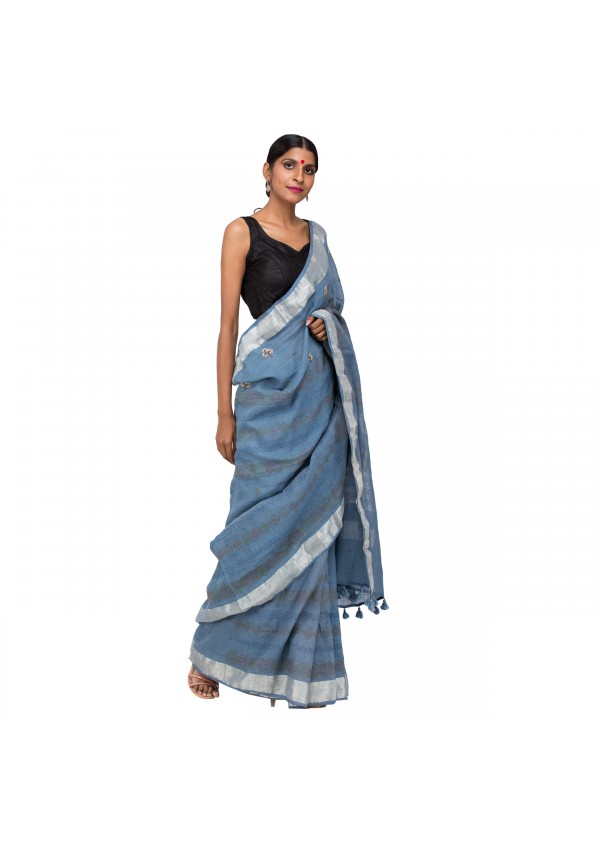 Dark Gray Cotton Embroidered Saree