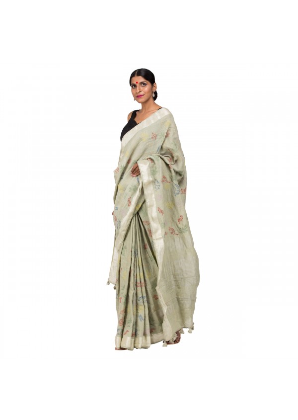 Green Cotton Embroidered saree