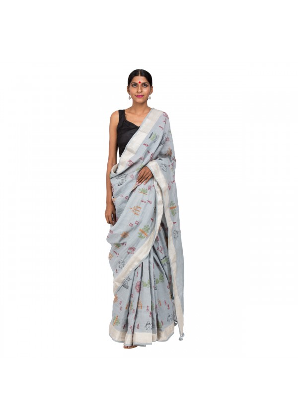 Gray Cotton Embroidered Saree
