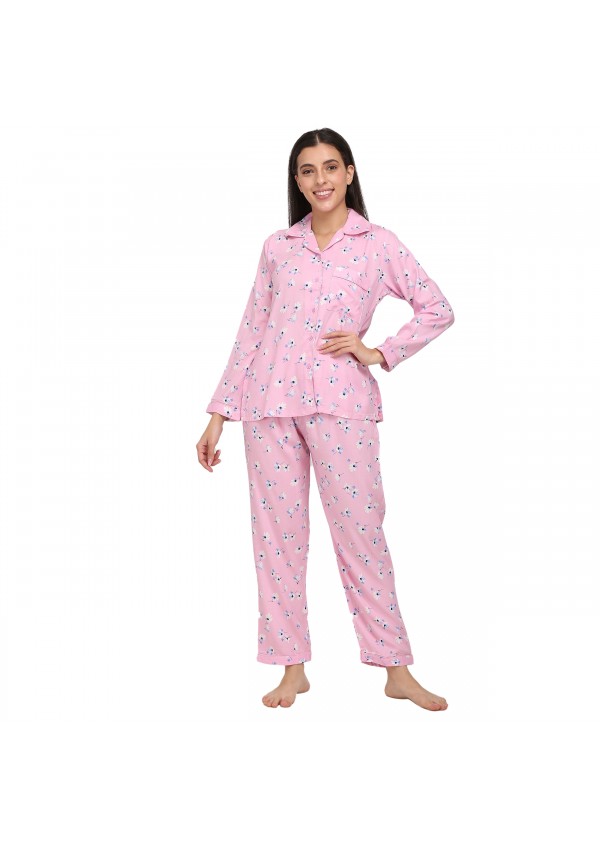 Pink Floral Print Reyon Night Suit