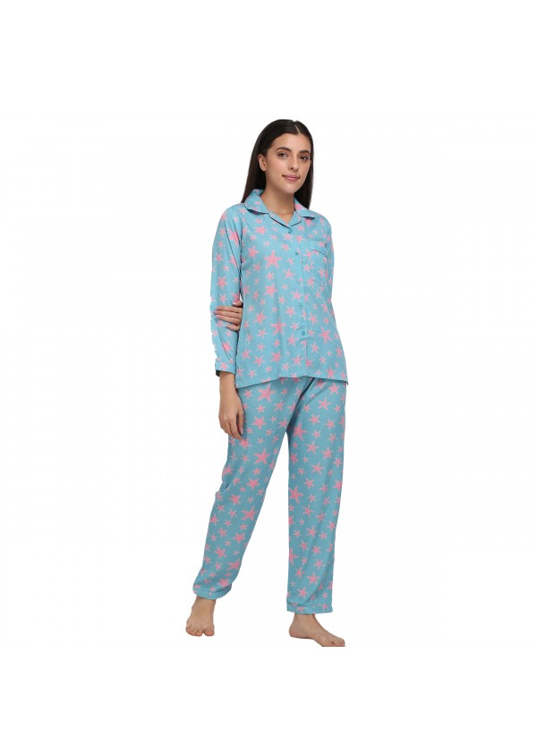 Powder Blue Star Fish Print Reyon Night Suit