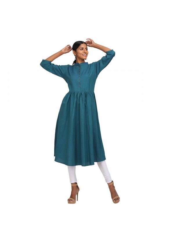 Blue Self Print Cotton Kurta