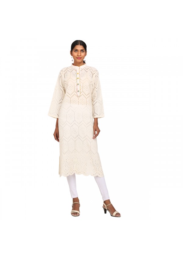 Off White Designer Cotton Kurta
