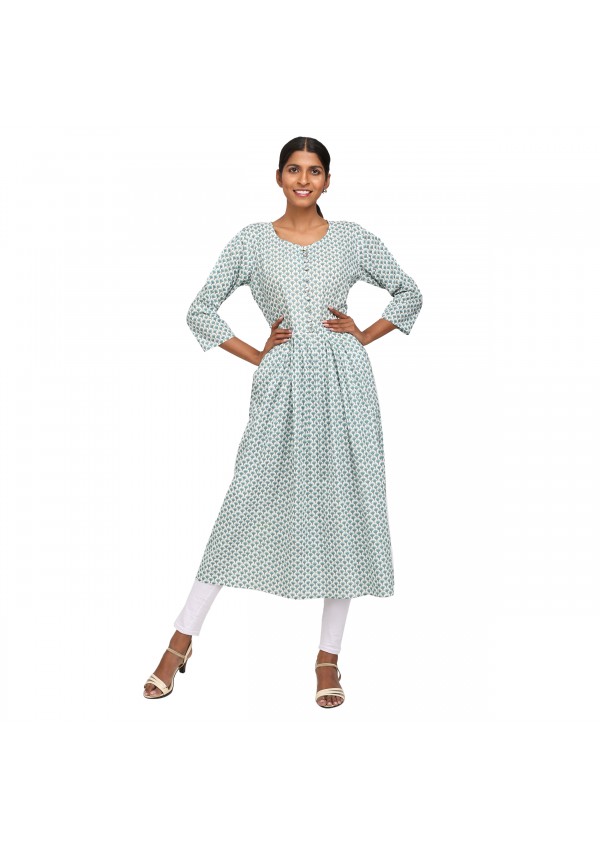 White Floral Print Cotton Kurta
