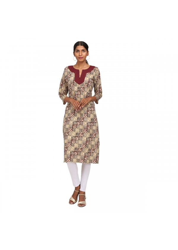 Beige Block Print Kurta