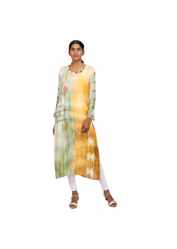 Yellow -Green Silk Embroidered Semi Stiched suit