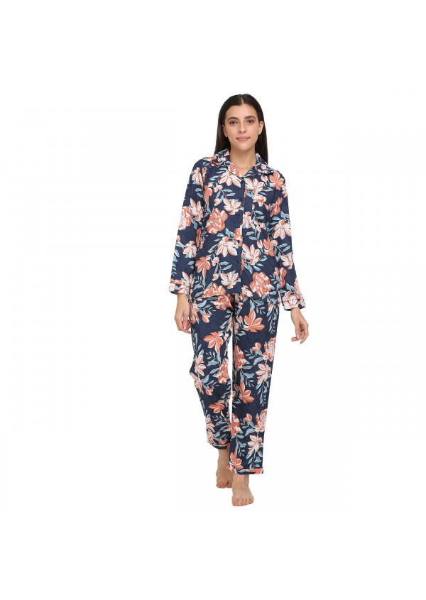 Blue Floral Print cotton Night Suit
