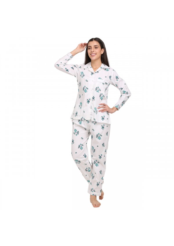 White Cactus Print Reyon Night Suit