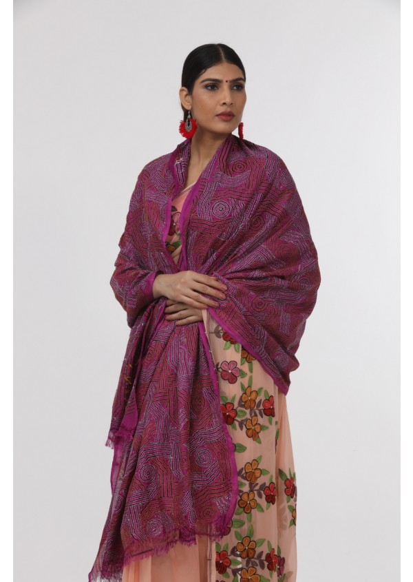 Magenta Kantha work Dupatta