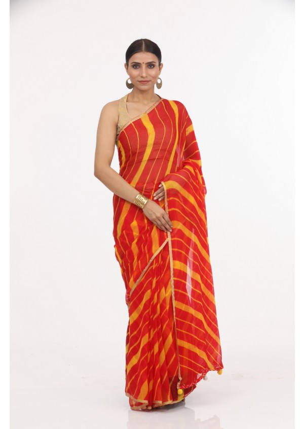 Red Chiffon Lahariya Saree