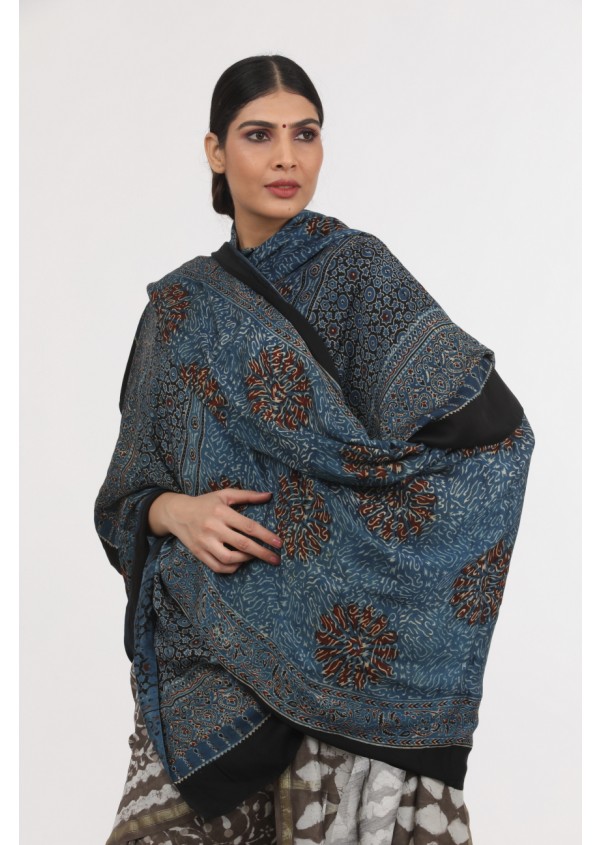 Blue Black Modal Silk Ajrakh Print Dupatta