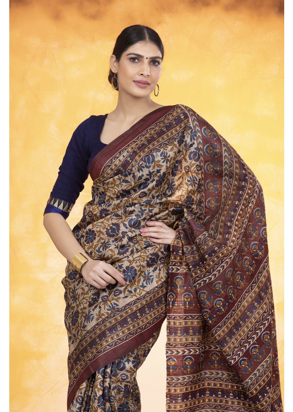 Beige Printed Kosa Silk Saree