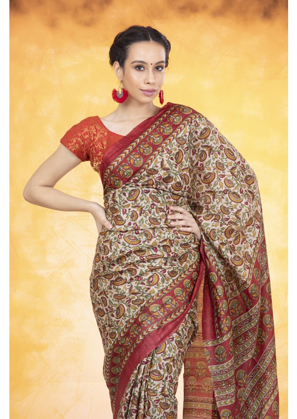 Beige Printed Kosa Silk Saree 