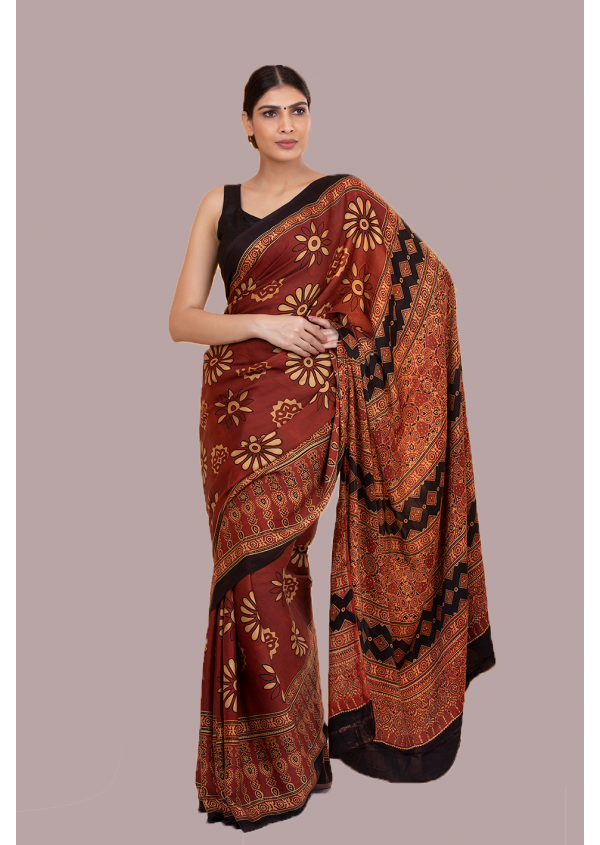 Brown Ajrak Print Modal Silk Saree