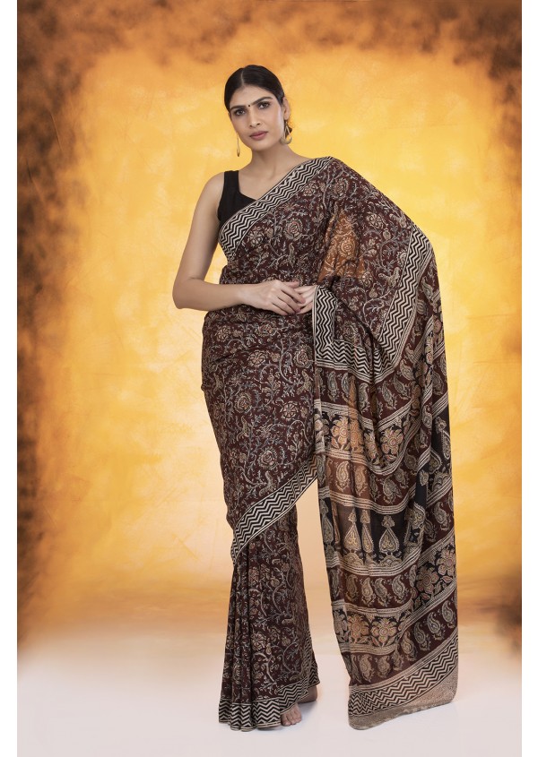 Brown Kalamkari Silk Saree