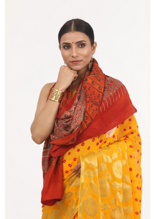 Orange Modal Silk Ajrakh Print Stole	