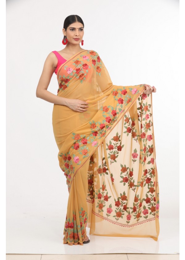 Mustard Kashmeri Embroidery Georgette Saree 