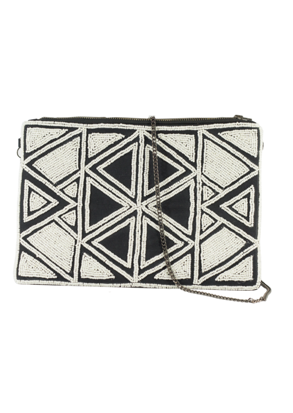 Black and White Gold Embroidered Handicraft Clutch	