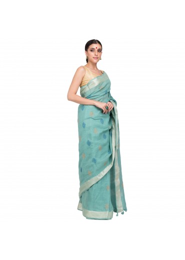 Sky Blue Cotton Embroidered Saree
