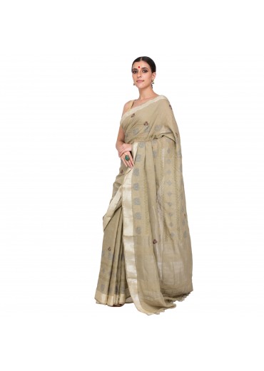 Light Green Cotton Embroidered Saree 