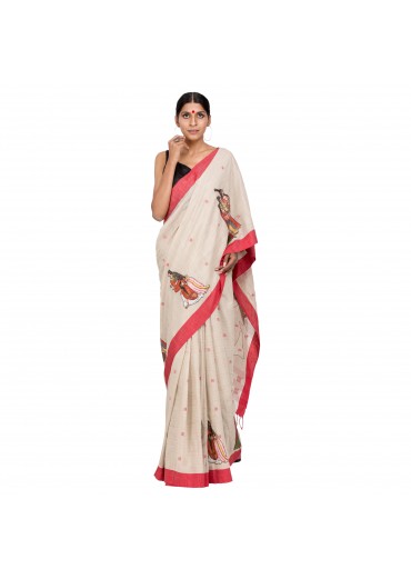 Off White Check Cotton Embroidered saree