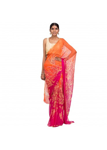 Orange Pink Chiffon Saree