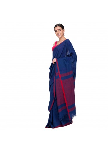 Dark Blue Cotton Embroidered Saree