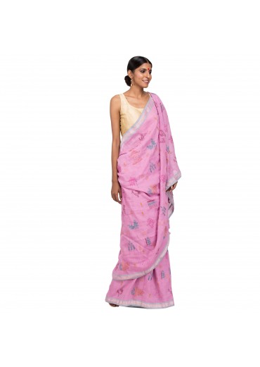Pink Linen  embroidered Saree