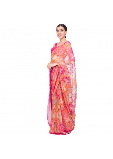Pink Chiffon Floral Print Saree