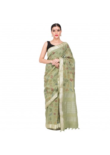Green Cotton Embroidered saree 